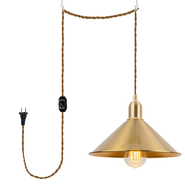 FSLiving Gold-colored pendant light, outlet-type, with dimmer switch, retro pendant, no installation required, rental lighting, cord length 4.5m