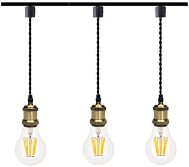 FSLIVING Pendant Light, Black Cord 60cm (Set of 3) 1 Light, No Installation Required, Duct Rail Lighting, E26 Base, Retro, Steel, Lighting Fixture, 0118TB-60-3P 