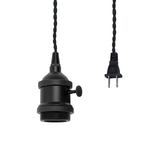 FSLIVING Outlet-type Switched Retro 1-light Pendant Light with Twisted Cord Interior Lighting Cafe LED Bulb Compatible E26 Matte Black