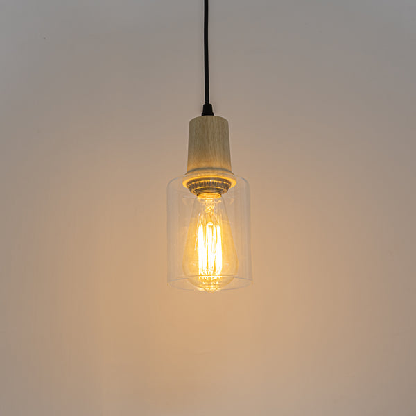 FSLiving Wooden Socket Clear Glass Pendant Light Adjustable Length with Cord Storage Cup Interior Lighting Scandinavian Pendant Lamp Stylish Interior Lighting Fixture Ceiling Lighting Hanging Light E26 Kitchen LED Electric Duct Rail Light 