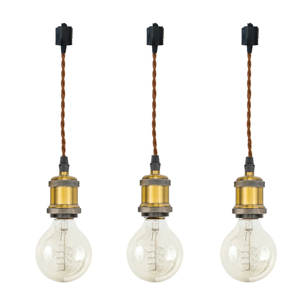 FSLIVING 3-pack, selectable length, brown cord, black plug, retro, 1-light pendant, twisted cord, antique brass finish, interior lighting, cafe, LED bulb compatible, light socket, duct rail light, lighting rail light 