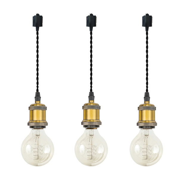 FSLIVING 3-pack, selectable length, black cord, black plug, retro, 1-light pendant, twisted cord, antique brass finish, interior lighting, cafe, LED bulb compatible, light socket, duct rail light, lighting rail light 