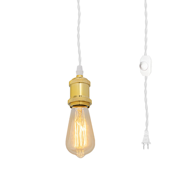 FSLIVING Gold Socket 450cm Outlet Type White Cord Retro 1 Light Pendant Twisted Cord Interior Lighting Cafe LED Bulb Compatible E26 Dimmer Switch Included