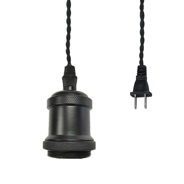 FSLIVING 1灯 レトロ カフェ 電球ソケット コンセント式(2m) 吊り下げ高さ調節可 真鍮メッキ古仕上げ アルミ製 ツイストコードおしゃれ LED対応 一灯ペンダント マットブラック