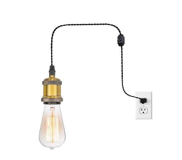 FSLIVING Retro 1-light pendant with bulb, outlet type (cord length 1.8m), adjustable hanging height, dimmer switch included, dimmable bulb compatible antique cord, antique brass finish, interior lighting 