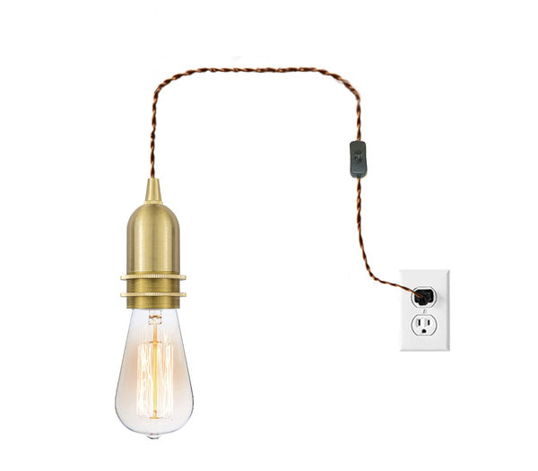 FSLIVING E26 brass socket with switch, retro pendant light, 1-light pendant, outlet type, brass-plated, interior lighting, cafe, LED bulb compatible 