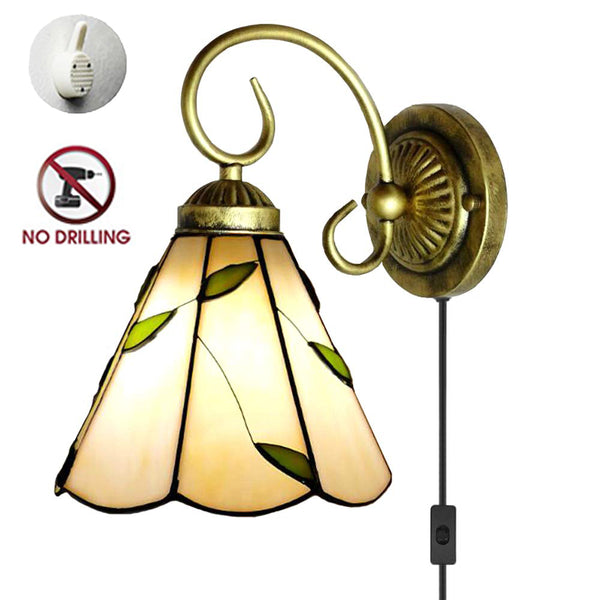 Corded wall light, suitable for rental properties, no drilling required, no construction required, fixed with wall hook, outlet type, ON/OFF switch, stylish, E26 base, bracket light, interior, retro, stained glass 