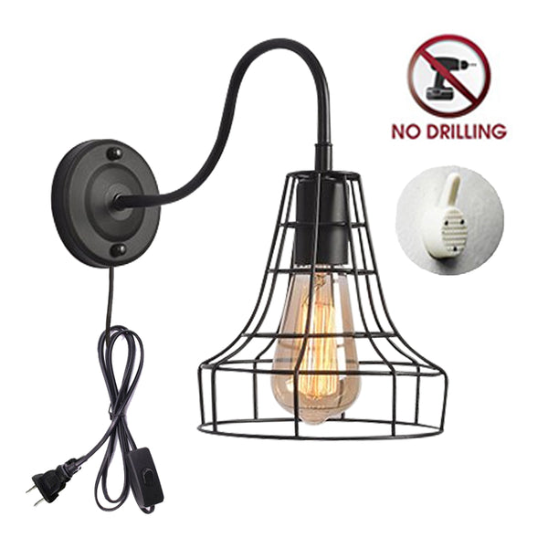 Corded wall light, bulb included, suitable for rental properties, no drilling required, no construction required, fixed with wall hook, outlet type, ON/OFF switch, stylish, E26 base, bracket light, interior, retro, adjustable angle 