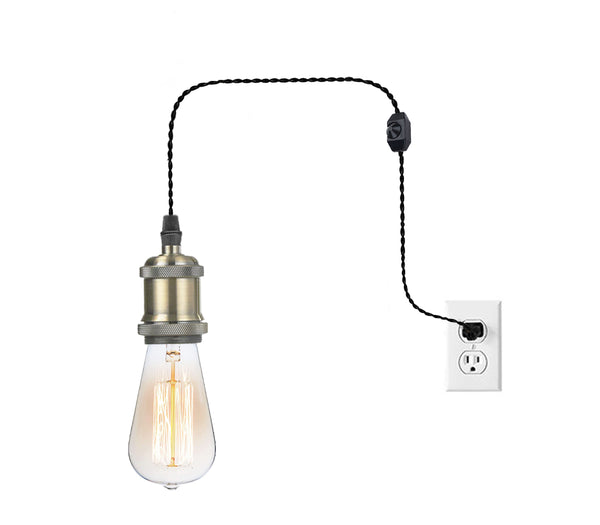 FSLIVING Retro 1-light pendant with bulb, outlet type (cord length 1.8m), adjustable hanging height, dimmer switch included, dimmable bulb compatible antique cord, antique brass finish, interior lighting 