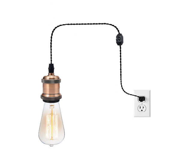 FSLIVING Retro 1-light pendant with bulb, outlet type (cord length 1.8m), adjustable hanging height, dimmer switch included, dimmable bulb compatible antique cord, antique brass finish, interior lighting 