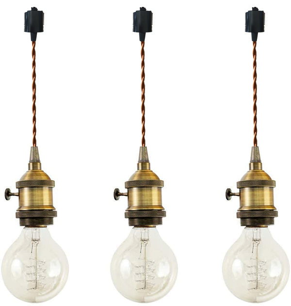 FSLIVING 3-Pack, Customizable Cord Length, Brown, Retro, 1-Light Pendant, Switch, Antique Cord, Brass-Plated Antique Finish, Interior Lighting, Cafe, LED Bulb Compatible